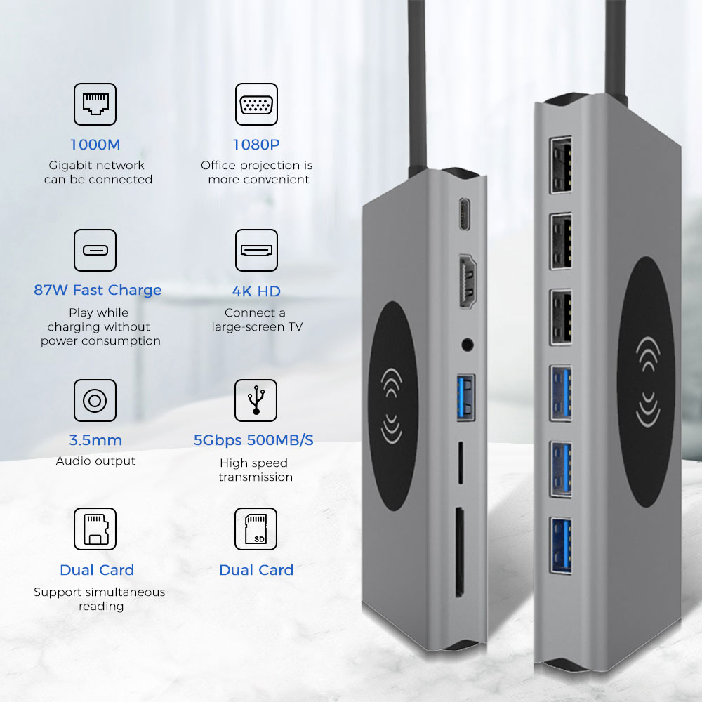 14 In 1 Type C Usb Hub Docking Station Met Hdmi RJ45 Draadloze Lading Sd Kaartlezer USB-C Type-C Plitter Hub Voor Laptop Onderdelen