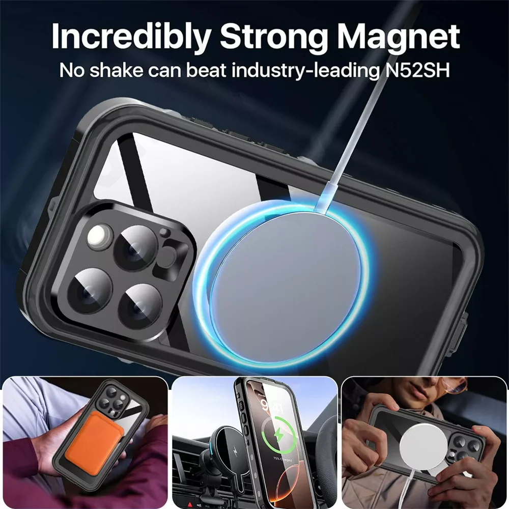Funda de teléfono magnética a prueba de agua IP68, adecuada para IPhone 16, 15, 14 Pro Max, Pro, 13Pro Max, protección de cuerpo completo, funda de teléfono a prueba de polvo