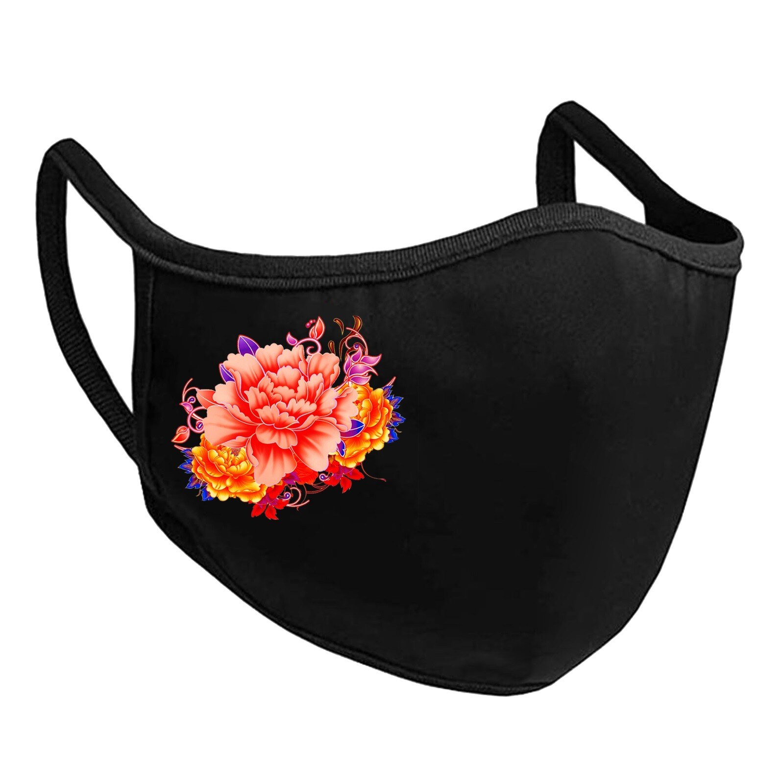 Plus Size Adult Black Ski Fasemask Flower Printed Fabric Reusable Breathable Cotton Mascarillas Bandana: L