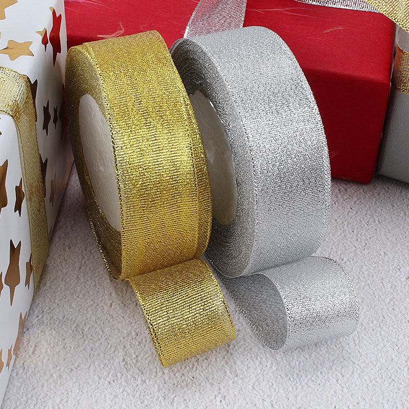 25Yards 6Mm Goud/Zilver Glitter Linten Diy Kunstzijde Rozen Ambachten Levert Handgemaakte Naaien Accessoires Festival Levert
