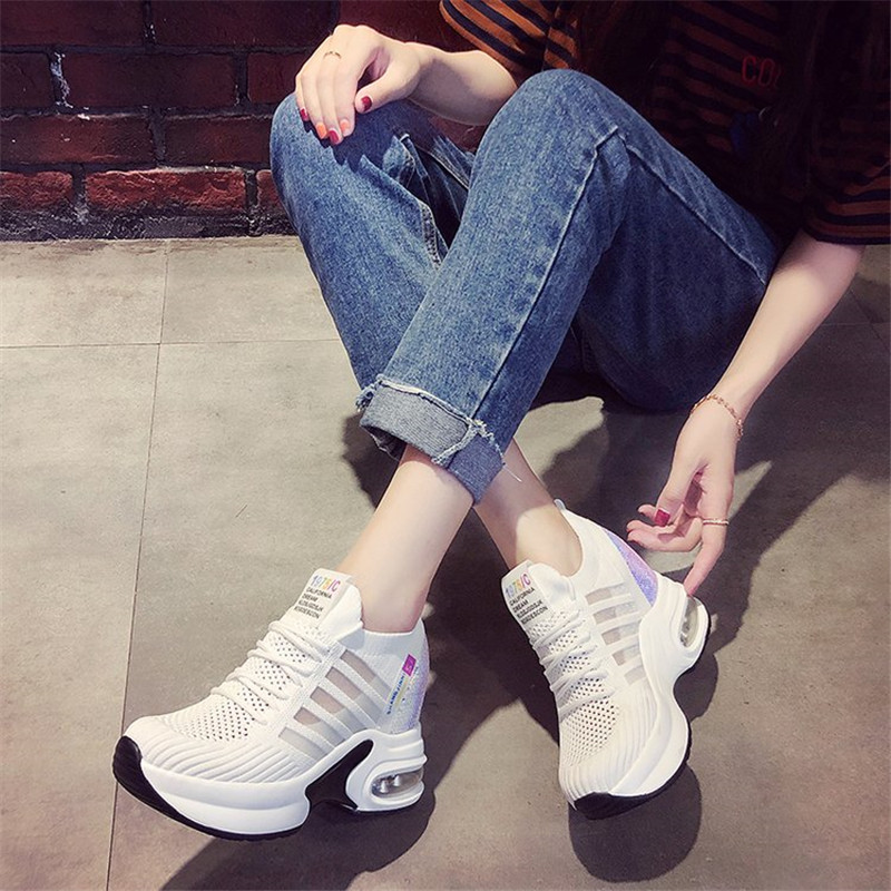Strikket elastisk mesh bling sneakers kvinder forår efterår sko kvinder farverige pailletter med snøre platform sneakers