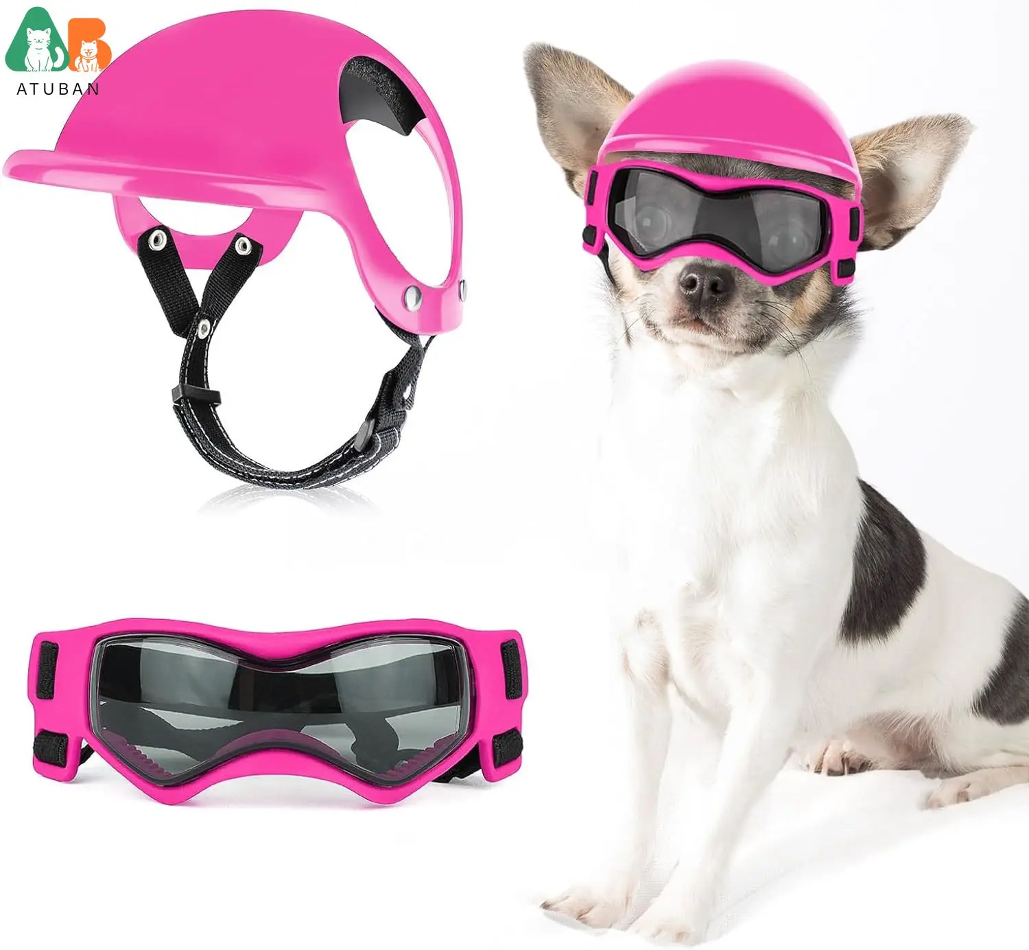 ATUBAN Lunettes pour chiens de petite taille avec casque, 2 lunettes de soleil pour chiens et ensemble de casques pour chiens de petite et moyenne taille pour la conduite en plein air et la marche: S / WHITE