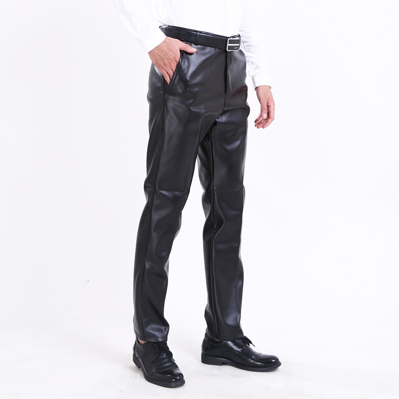 Thoshine Brand Spring Autumn Men Leather Pants Cargo Pants Fleece Smart Casual Male PU Faux Leather Trousers Plus Size Oversize