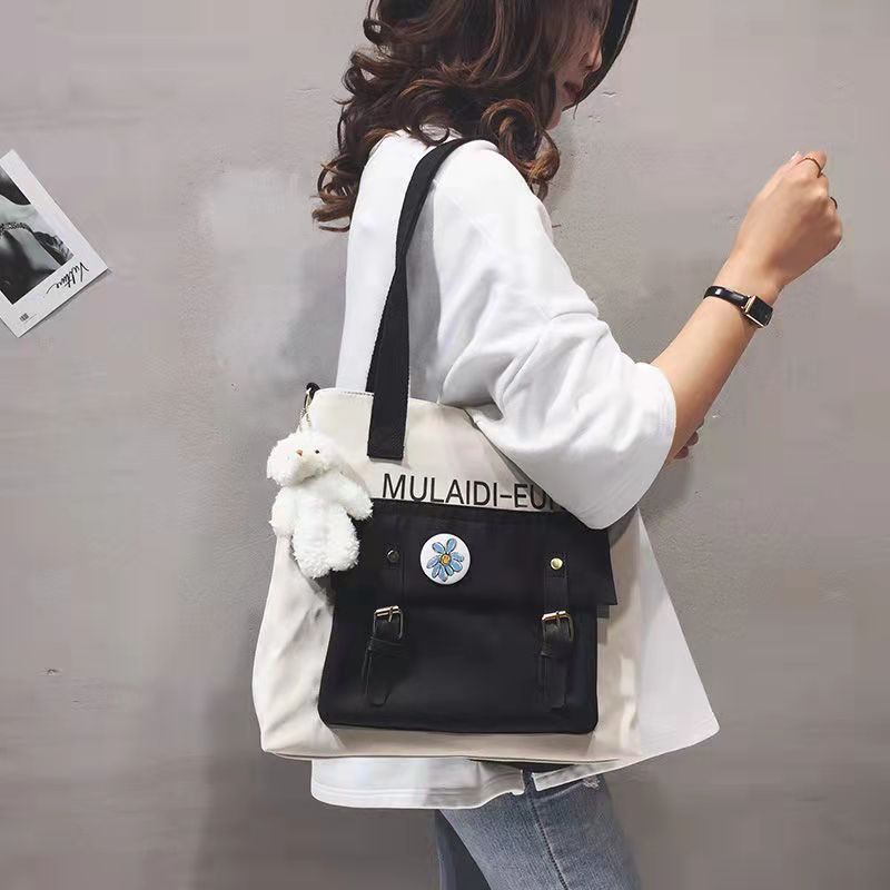 Large-Capacity Canvas Bag Female 2021 New Japanese Harajuku Portable Large Bag Campus Student Shoulder Messenger School Bag sacs: Brown