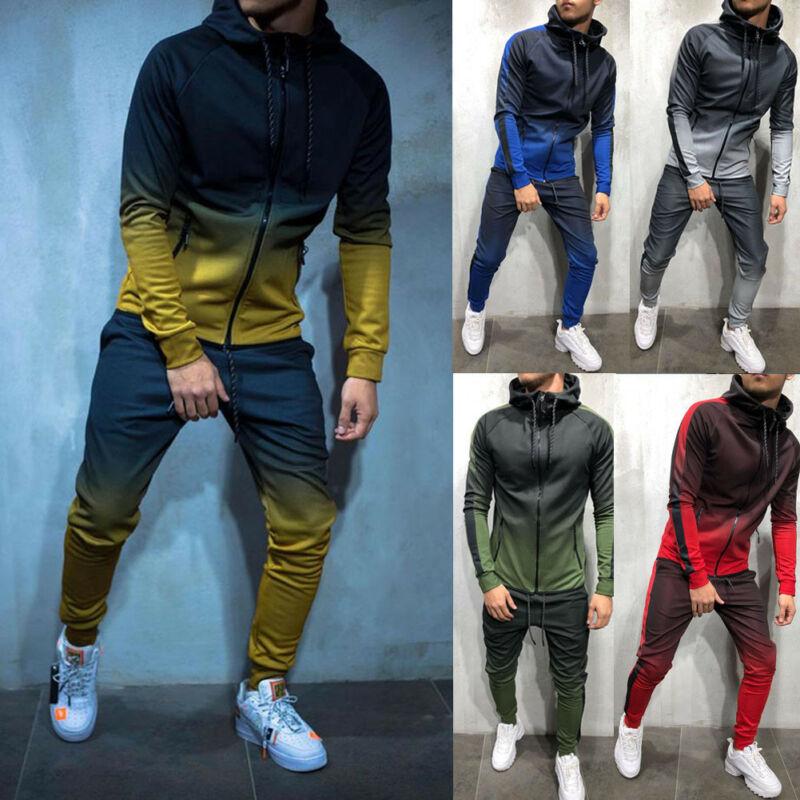 Moda uomo dolcevita cambio graduale colore tuta Set felpa con cappuccio Top + pantaloni a vita alta pantaloni da jogging palestra tasche con Zip tinta unita vestibilità Slim