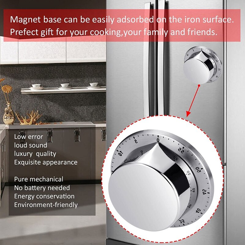 -Kitchen Timer Chef Cooking Timer Clock With Loud Alarm Stainless Steel Timer No Batteries Required Magnetic Backing