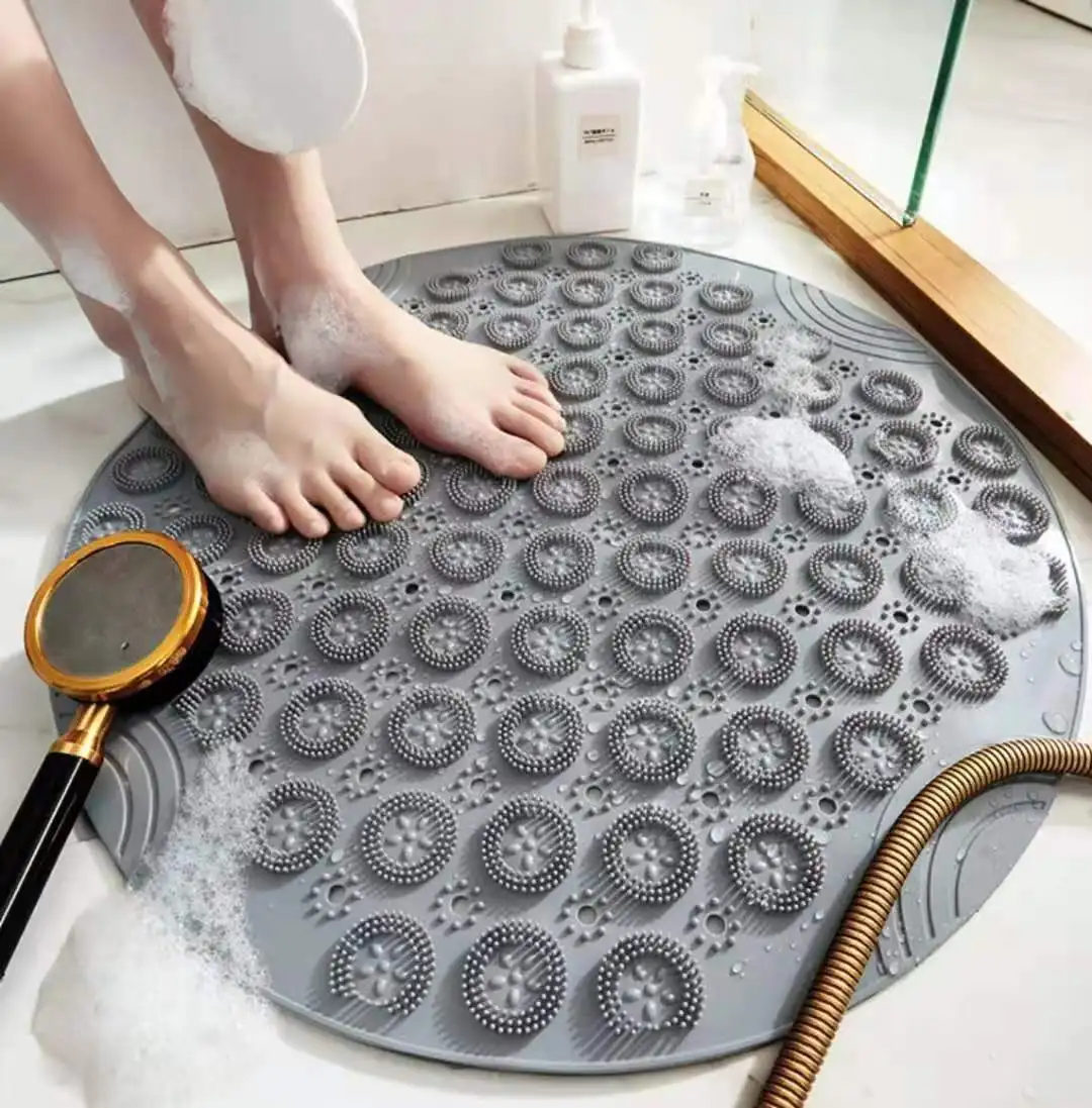 Tapis de salle de bain rond antidérapant en PVC, avec trou de vidange, tapis de bain en Silicone, coussin de Massage des pieds, tapis de douche souple pour baignoire