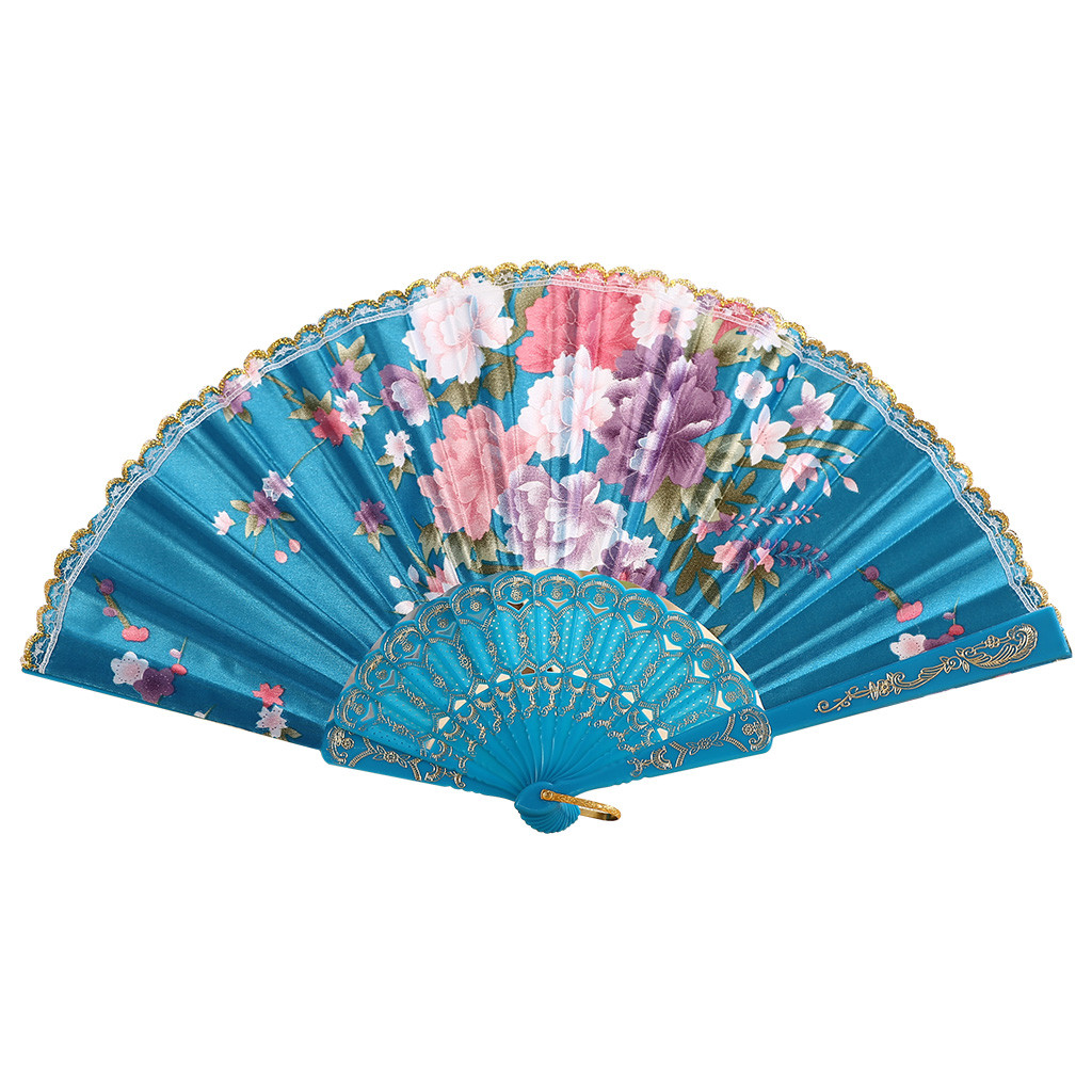 Vouwen Fans schoonheid Kant Chinese Stijl Dans Bruiloft hand fan Folding Held Bloemen Fans decoratieve abanico: Sky Blue