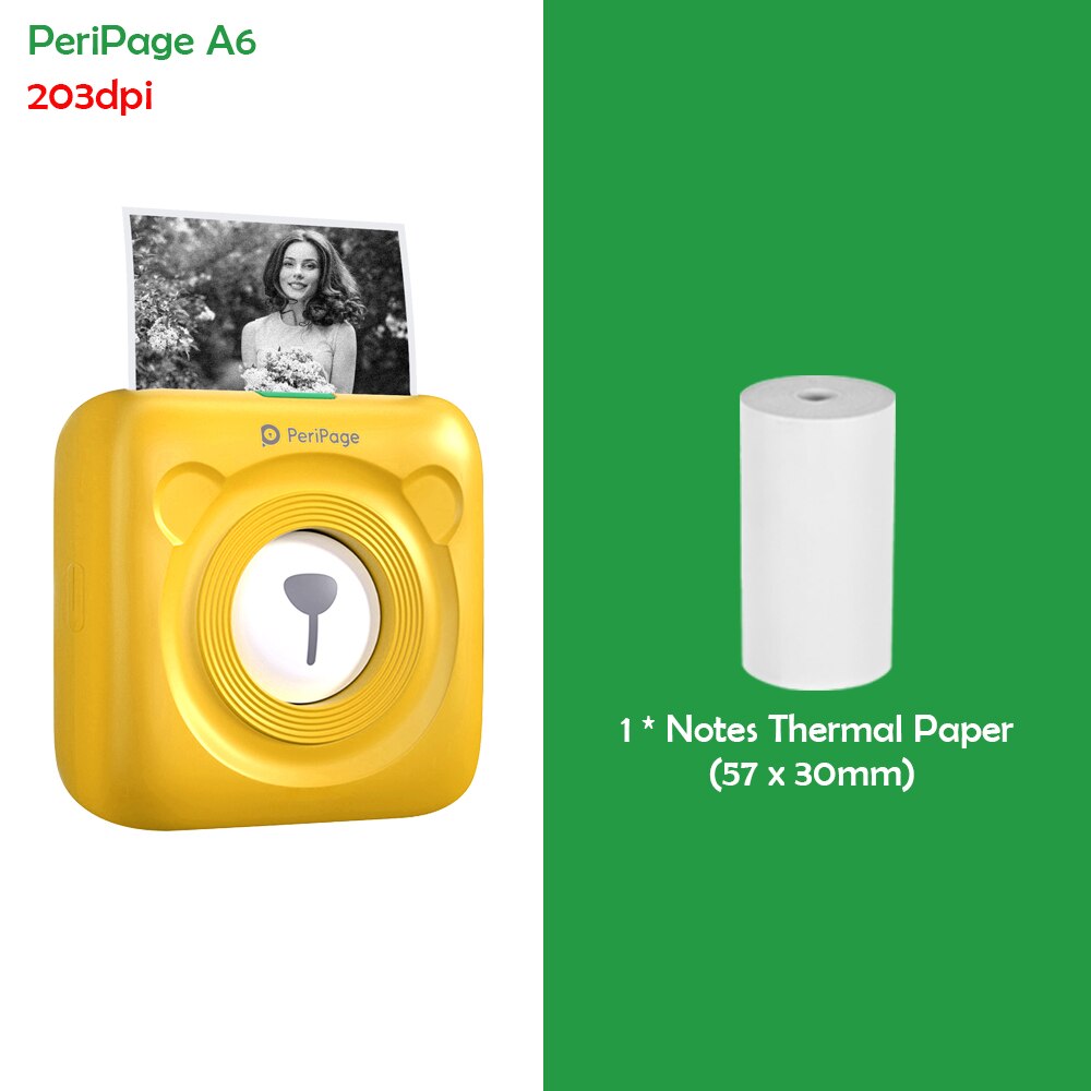 Stampante termica portatile Peripage A6 mini stampante termica tascabile per foto in carta da 203DPI stampante Bluetooth senza fili da 58mm: giallo