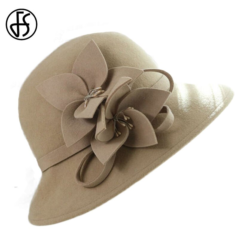 Sombrero de lana con visera grande para mujer, gorro de lana con visera grande, Estilo Vintage, ancho, con flores: Khaki Wool Hat
