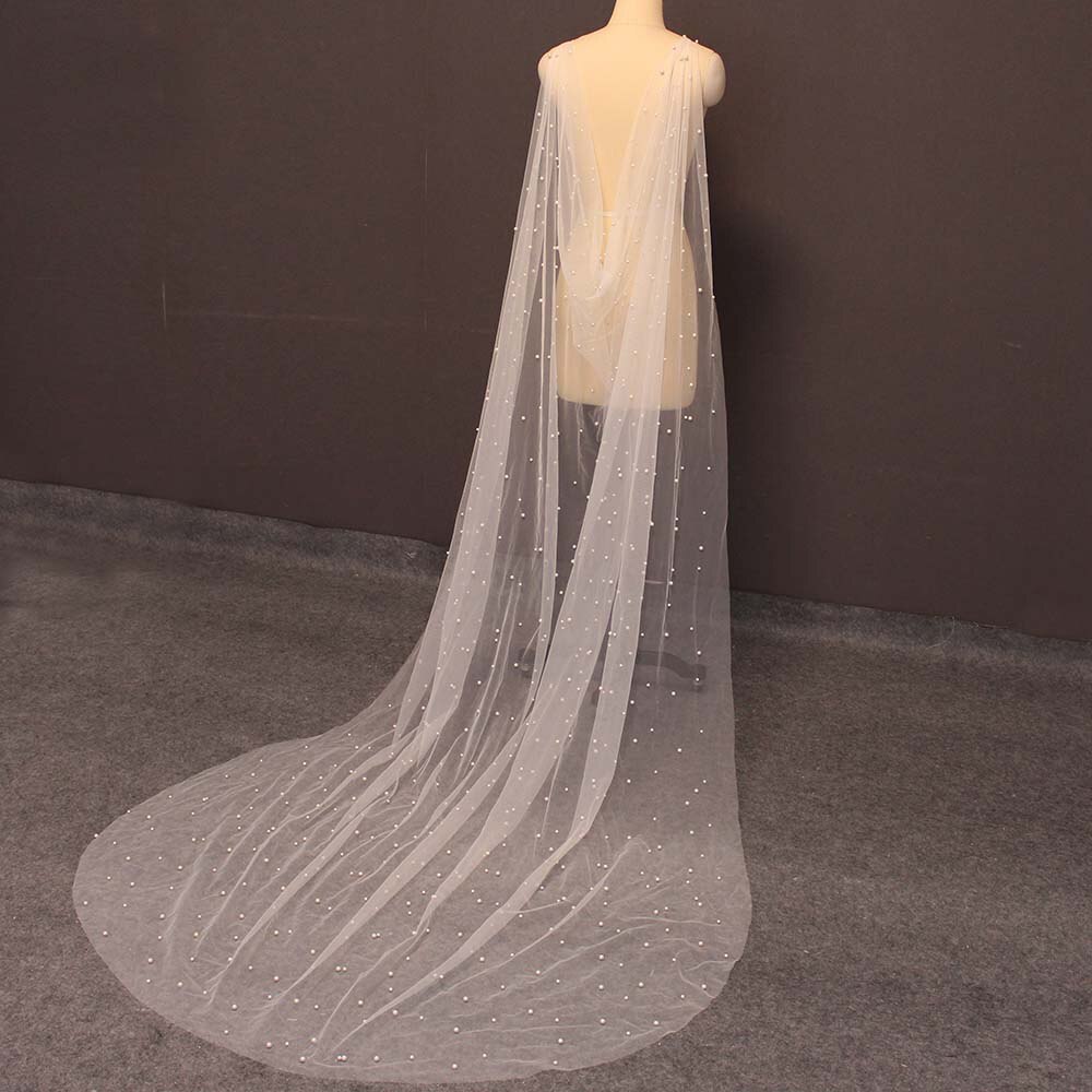 Lady Pearl Beaded Long Shawl Wedding Bridal Shoulder Tulle Women Romantic Illusion Cape