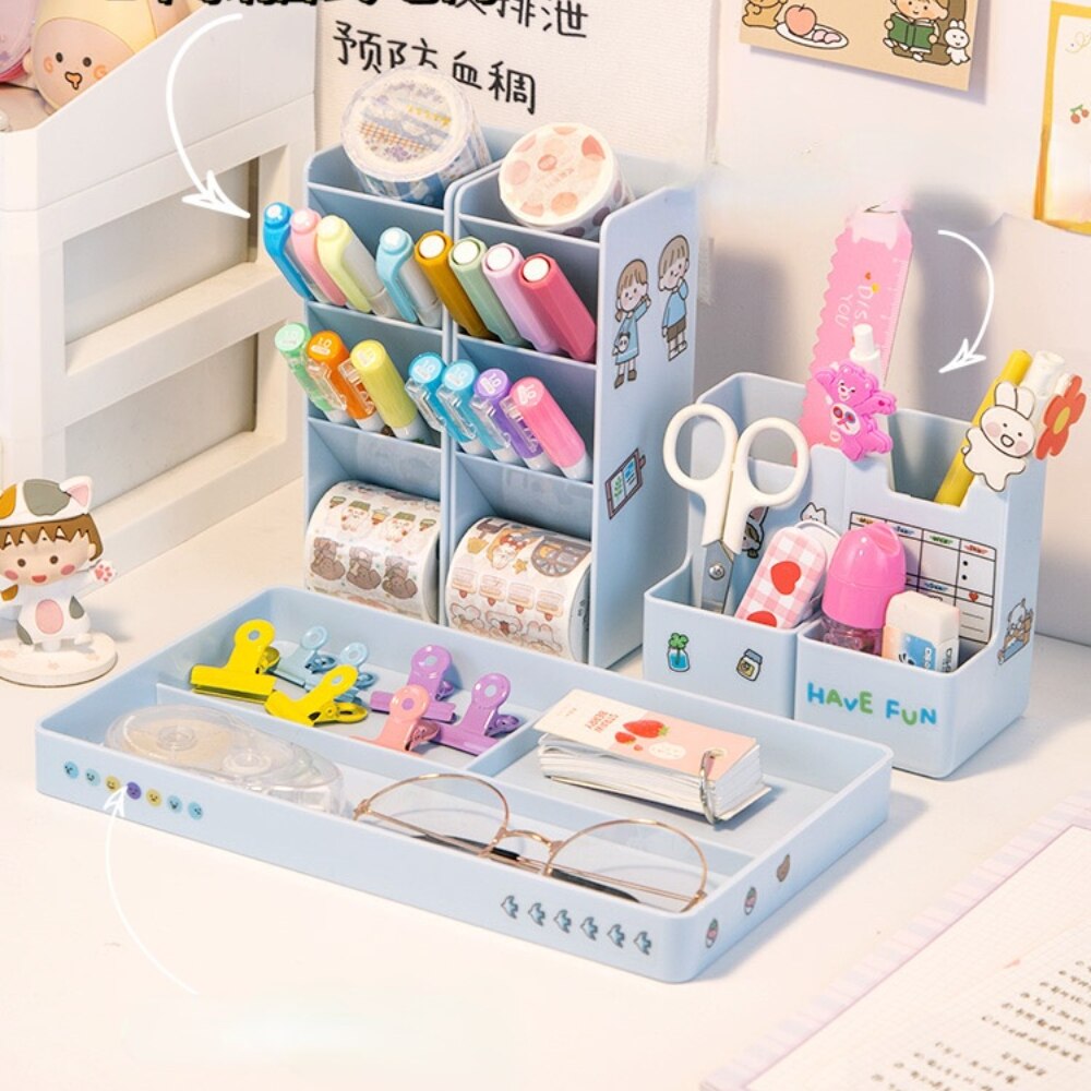 Kawaii Desktop Stationery Organizer Pen Holder Storage Box Set Office Desk Storage Shelf Office Desktop Organizer Cute Storage