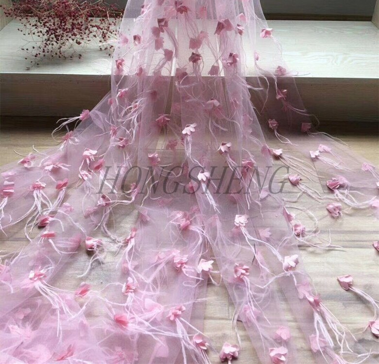 125Cm Zwart Wit Roze 3D Veren Bruiloft Bruids Prestaties Jurk Applique Diy Bruids Hoofdtooi Sjaal Sluier Kant Stof Patch