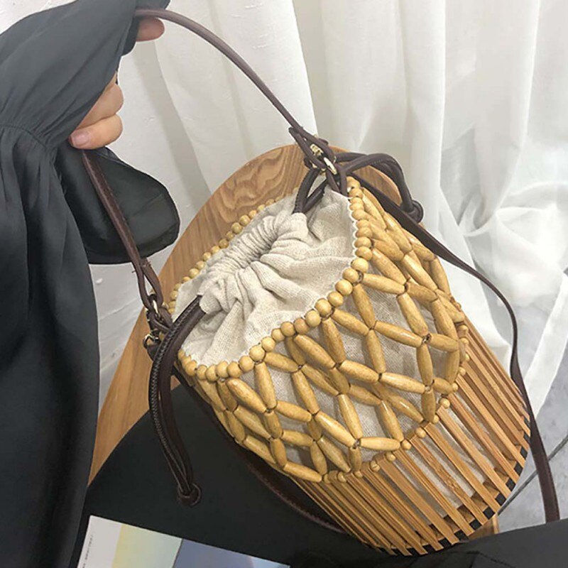 Bamboe damestas geweven canvas tas schoudertas dames emmer crossbody boodschappentas (met sjaal)