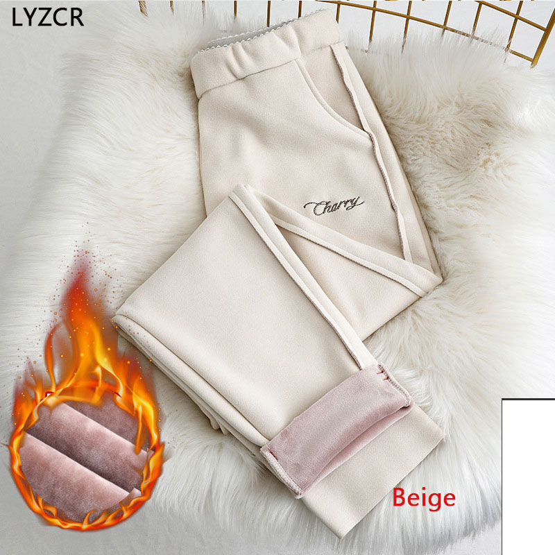 Lyzcr uldne kvinder vinterbukser tykke varm vintage efterår tykkere feleece bukser haremsbukser til kvinder fløjlsbukser capris: Beige / S