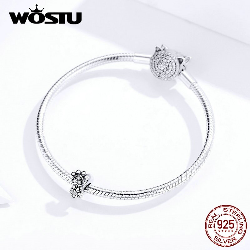 WOSTU 925 Sterling Silver Silicone Stopper Spacer Paw Dog Footprint Beads Charms Fit Original Bracelet Jewelry CQC1312