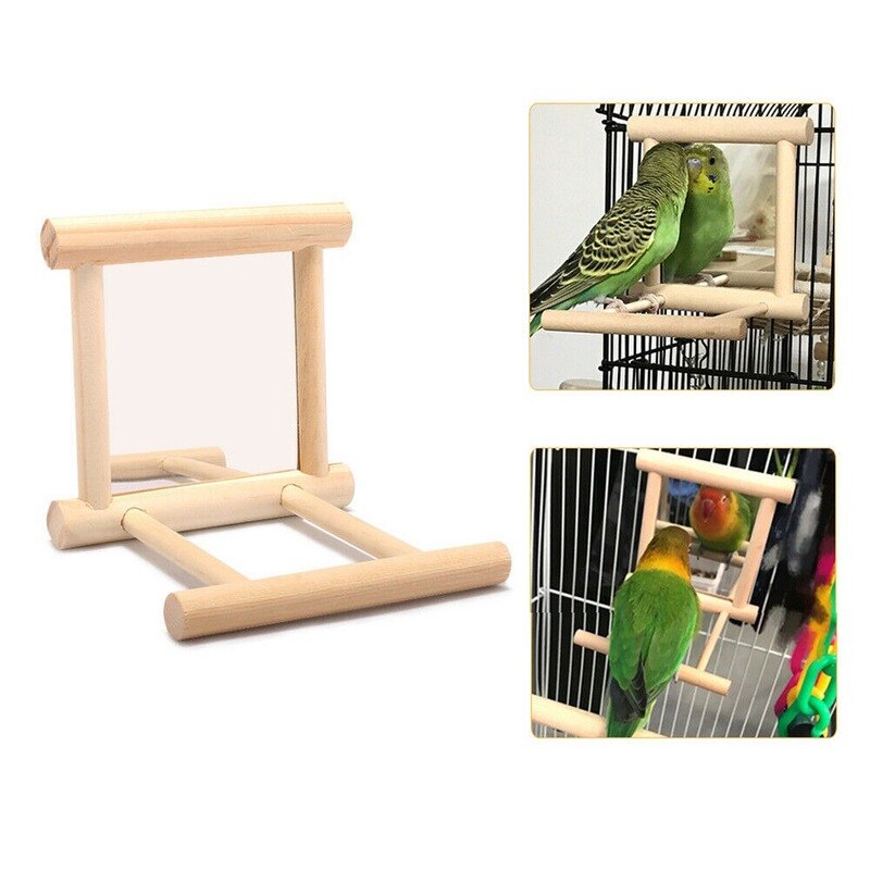 Espejo de madera para mascotas, juguete de juego con perca para loros, periquitos, cacatúas, Conure, pinzones, pájaros amorosos, accesorios, 1 unidad