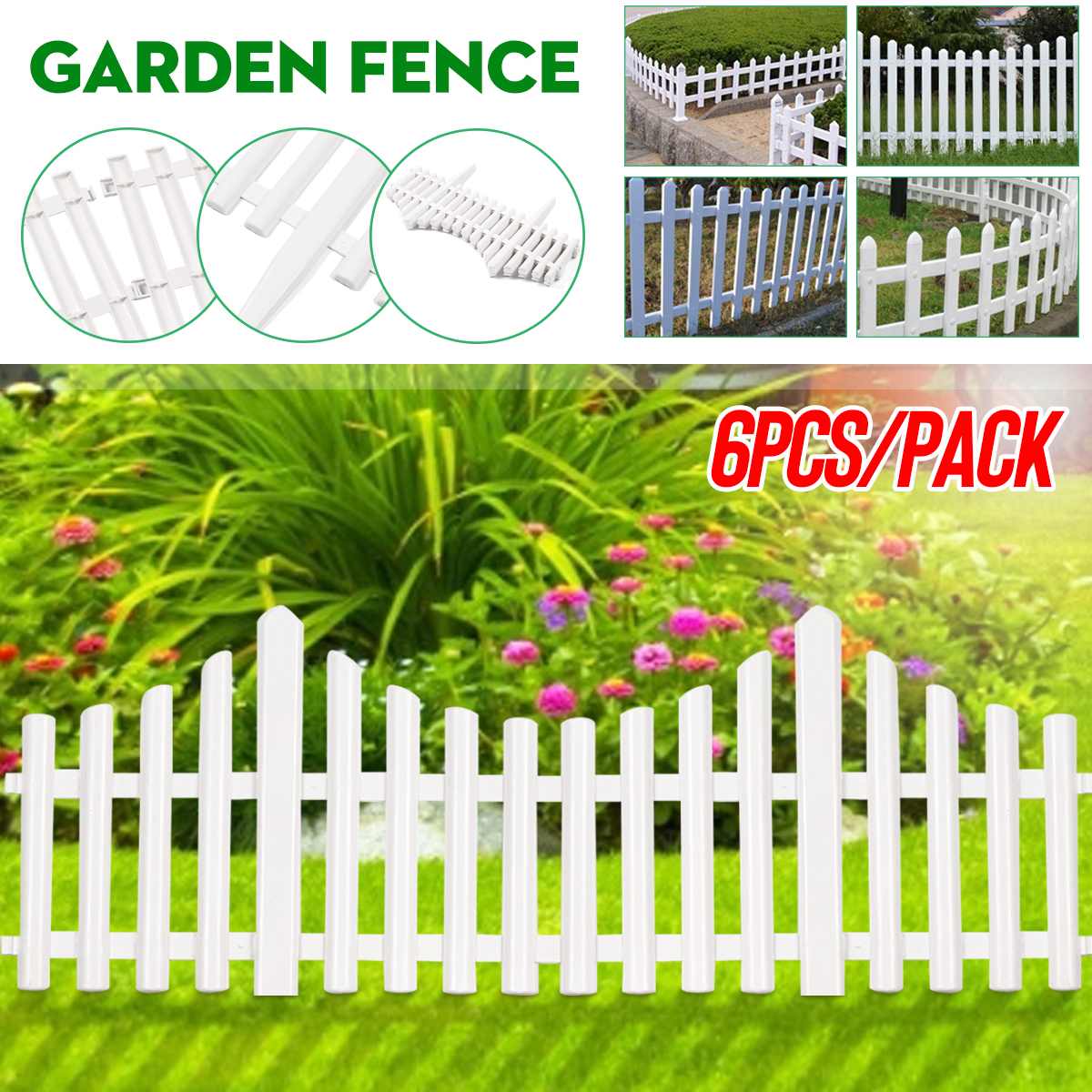 6Pcs 61cm PVC Plastic Garden Fence Easy Assemble White Ground Type Plastic Fences Courtyard Garden Vegetable Fence Decoration