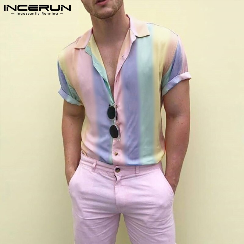 INCERUN-camisa informal para hombre, camisa con estampado de ocio, manga corta, cuello vuelto, 5XL