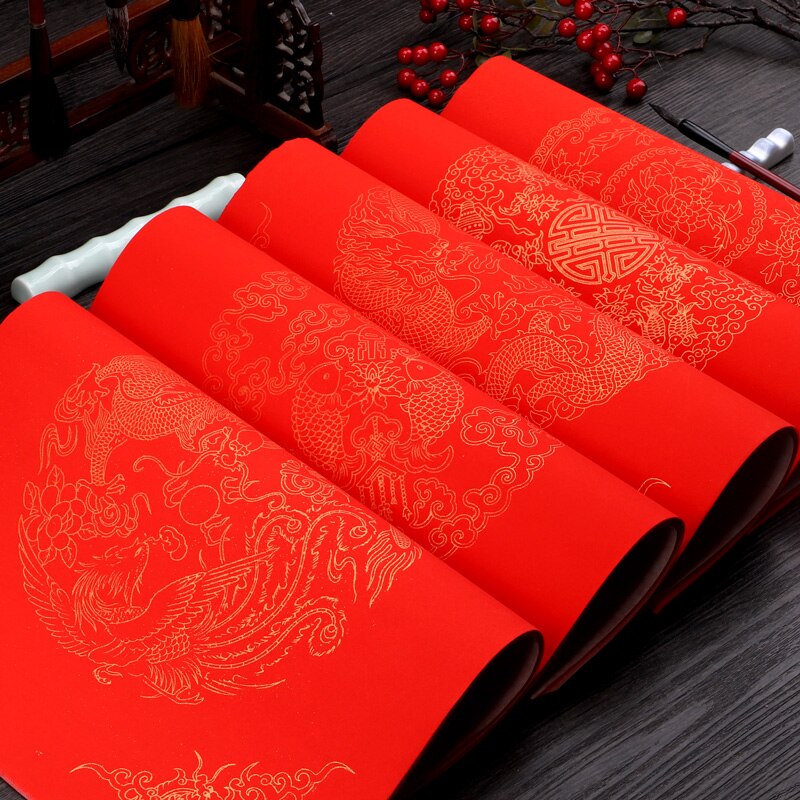 Couplets du Festival du printemps chinois, papier rouge Xuan, Batik, riz, papier, calligraphie, épaississement manuel, copie avec tache d&#39;or