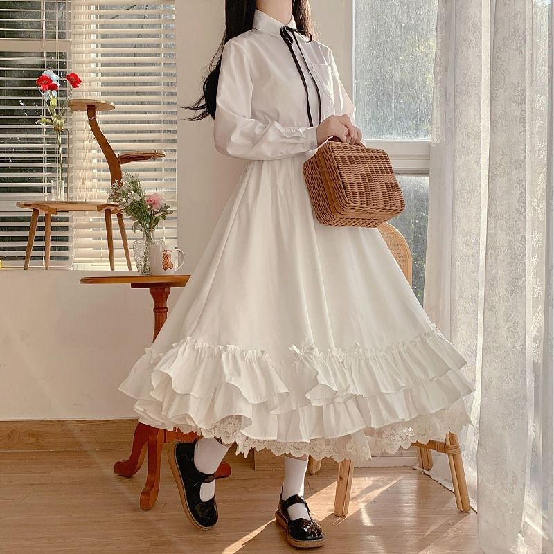 Women's Skirt Vintage French Ruffled Double Layer Half Skirt Lolita Long Skirts Women 2023 A-line Pleated Skirt