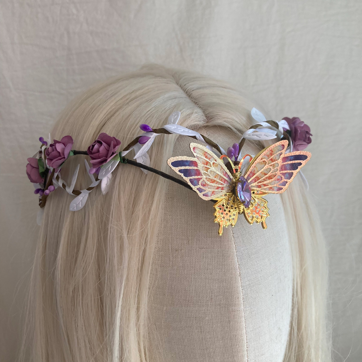 Purple Flower Headpiece - Fairy Floral Crown Woodland Elf Headband Forest Wreath Elven Tiara for Renaissance Cosplay Wedding: Blue white zinc plated