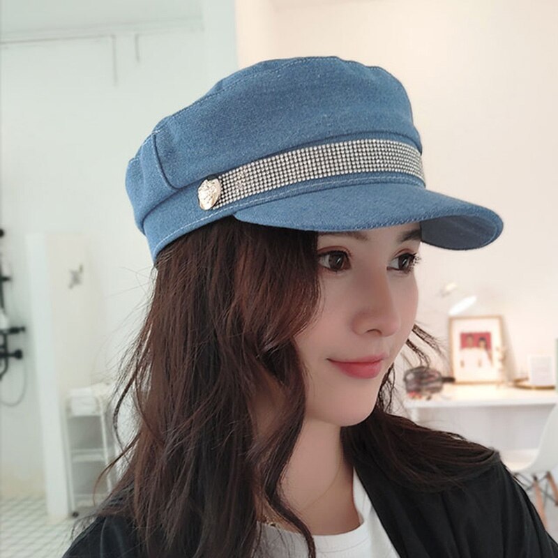 Women Duckbill Cap Denim Jean Flat Top Short Brim Bling Bling Rhinestone Cool Casual Cowboy Hat Caps