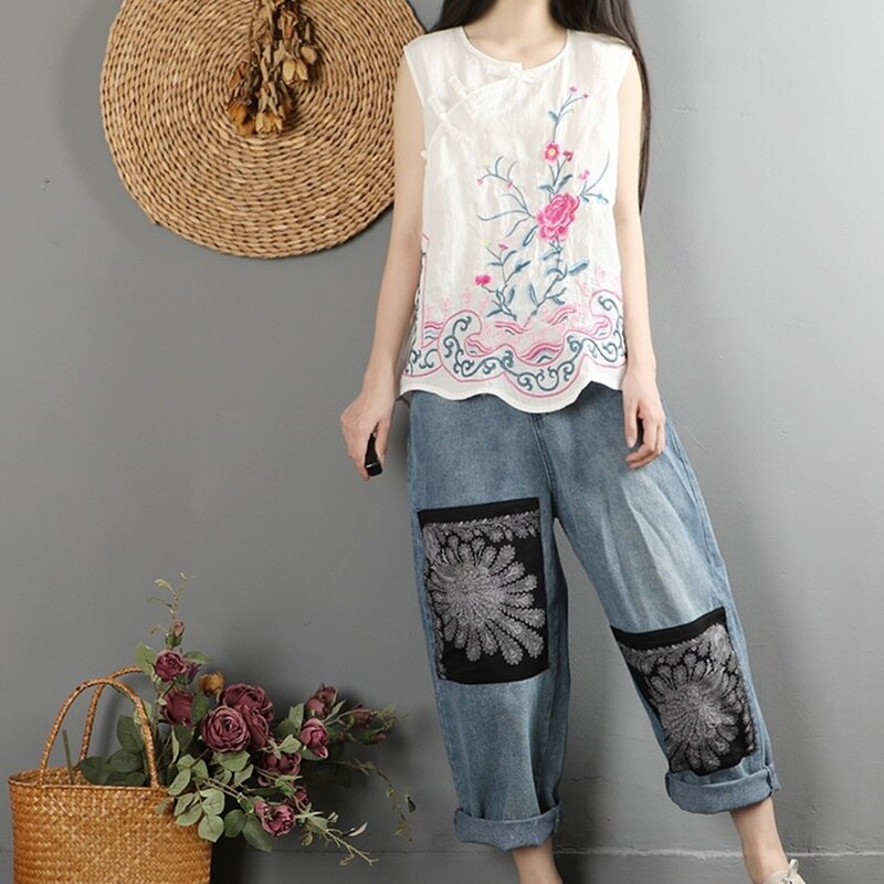 Broderi cheongsam top sommer kinesisk top tang jakkesæt ærmeløs linned skjorte traditionel kinesisk stil tøj kvinder 10716