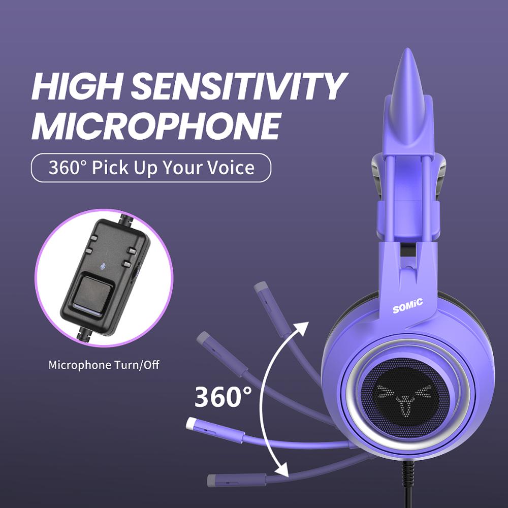SOMIC Katze Ohr Kopfhörer 3,5 MM Spielen Headset mit Mic Lärm die Ermäßigung Stereo für PS4 PC Telefon Abnehmbare Frauen g951S Lila
