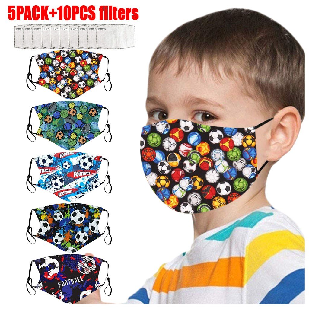 5Pcs Ski Fasemask Kids With 10Pcs Filter Reusable Football Print Breathable Mascarillas Cotton Washable Maskes Balaclava Cap Hat: E