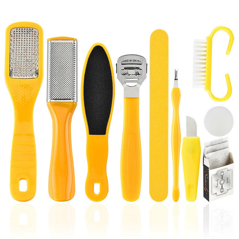 10 In 1 Foot Care Kit Pedicure Tools Set Stainless Steel Foot Rasp Foot Dead Skin Remover Clean Toenail Care Kit: Yellow 10pcs