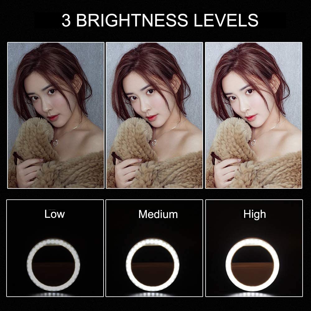 Selfie Ring Light for iPhone, Clip On Selfie Light with 3-Level Brightness for Phone/Camera & Phone Makeup