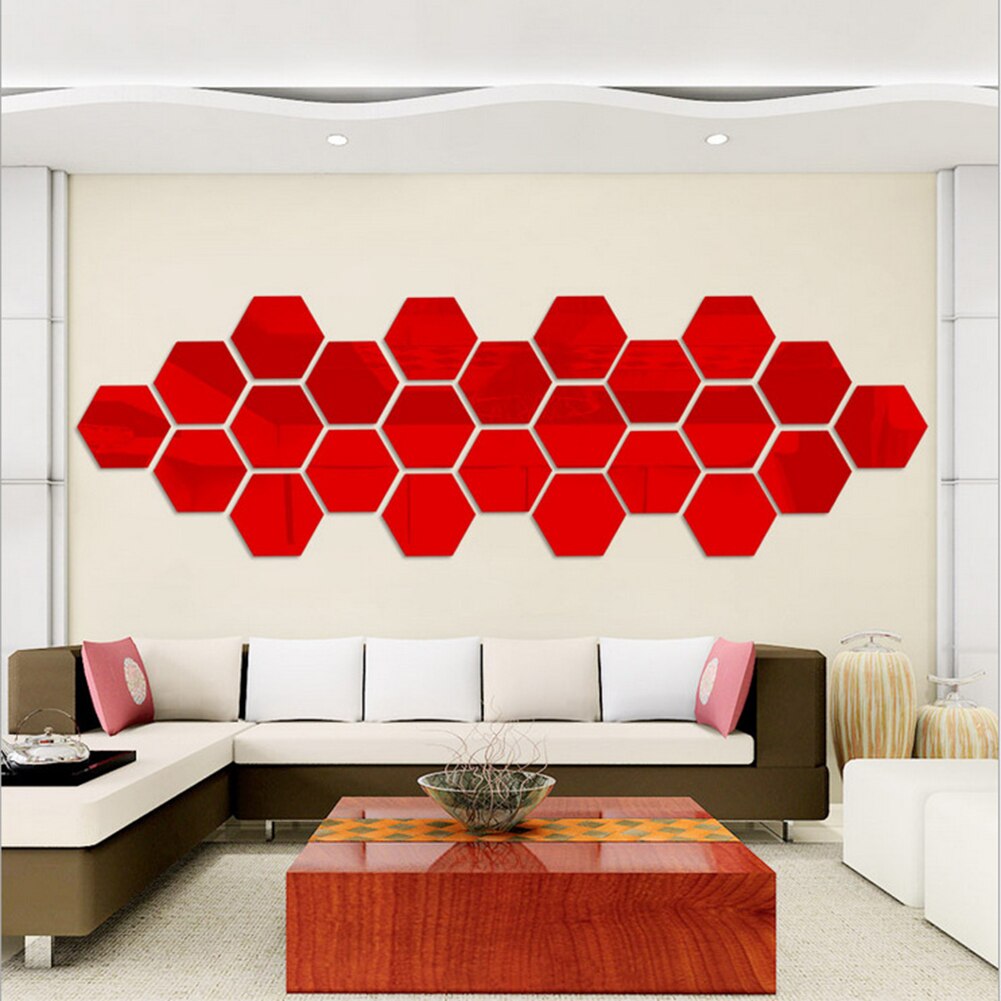 Clean DIY Acrylic Wall Stickers Friendly 3D Hexagon Removable Mirror Home Decor Art Stickers Cute Wall Stickers: Red / S