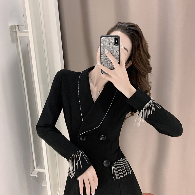 Blazerjurk herfst dubbelrijs lange mouw britse stijl trenchcoat dames kantoor dame kwast ketting deco effen bovenkleding