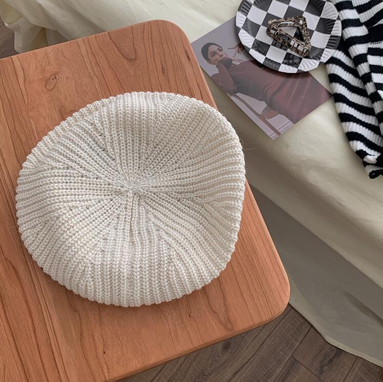 Autumn Winter Soft Knitted French Beret Women Female Solid Korean Knit Warm Berets Version Streetwear Painter Hat: White