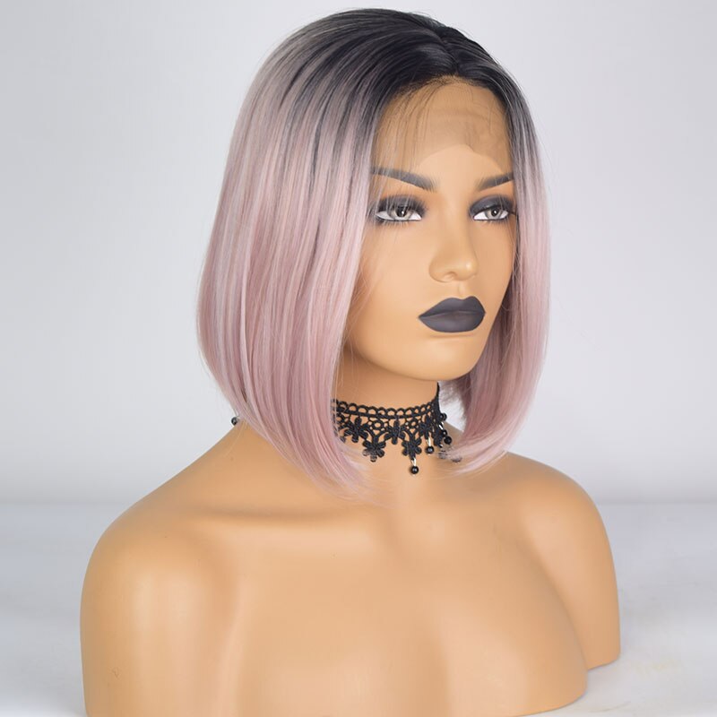 Bombshell sort ombre hvid pink kort bob syntetisk blonde front paryk limfri varmebestandig fiber hår midterskilning til kvinder