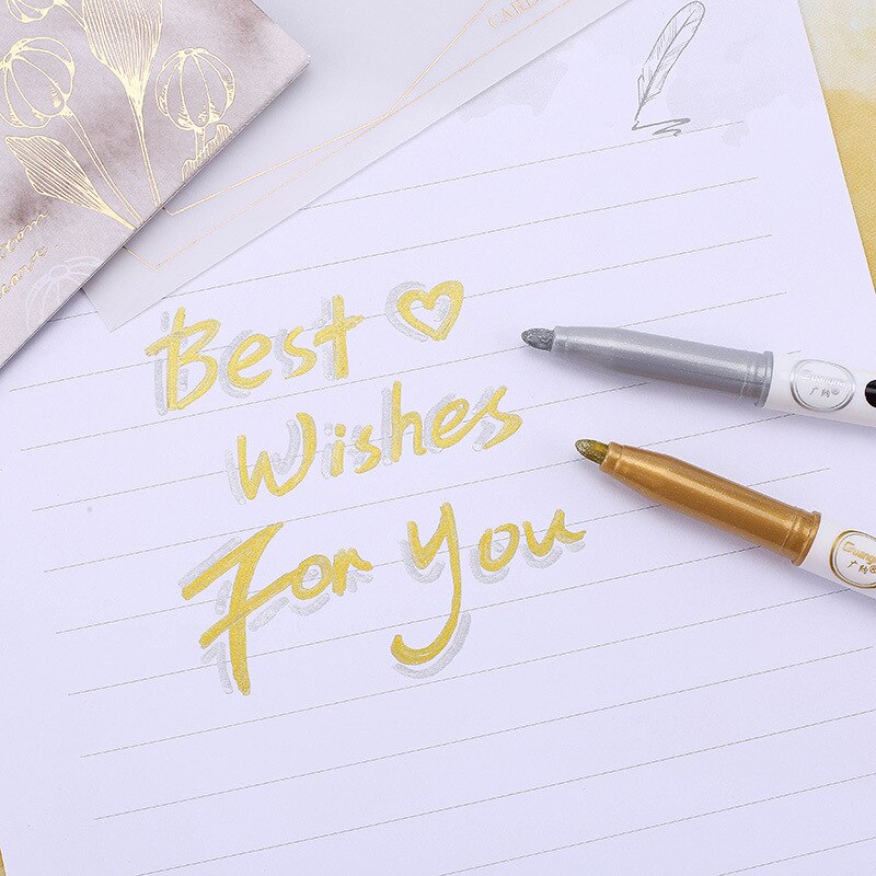 2 stk/sett gull sølv tusj penner metallisk tusj highlighter penner for papir foto cd stoff maleri tegning kunst skole rekvisita