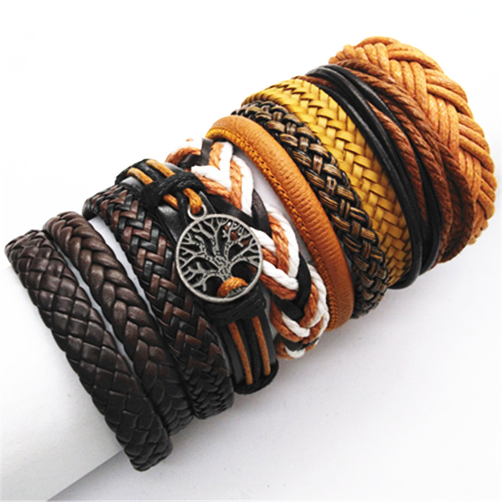 10 unids/set negro envoltura tejida nueva pulseras hechas a mano para hombres pulseras de cuero para hombres y mujeres brazalete para hombres de joyería al por mayor: PLATEADO