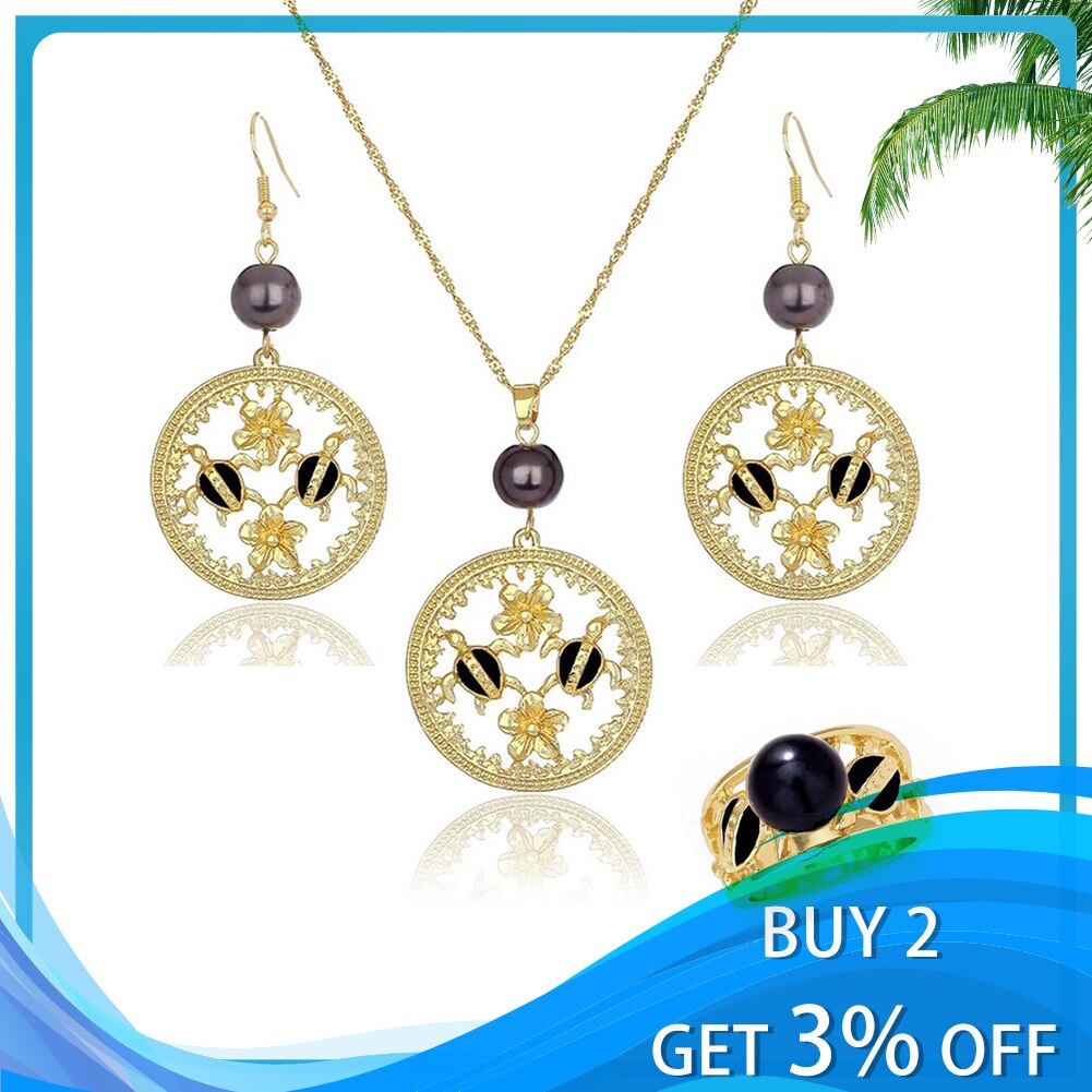 Hawaiian Gold Tortoise Necklace Sets Earrings Polynesian Ring Pearl Frangipani Jewelry Sets for Women Jewellery Set