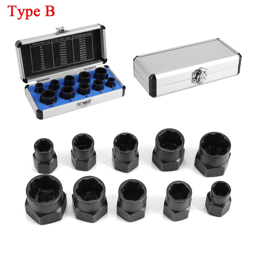 10 pièces/lot endommagé boulon écrou dissolvant de vis extracteur ensemble de retrait filetage outils Kit pour 9mm à 19mm tête écrous extracteur ensemble: Type B