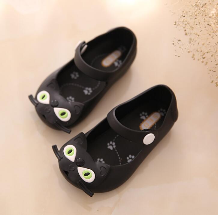 Baby Girls Cute Pattern Jelly Shoes Toddler Kids Summer Candy Color Cute Cat Soft Cartoon Sandals size 24-29: Black / 9