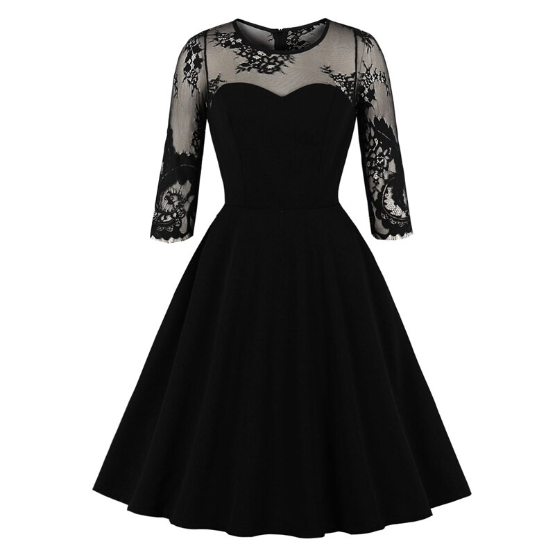 Tonval mesh pitsihiha kultaseni juhla syksy mekko naisten tasku puoli musta viiva naisten vintage swing mekot: Xl