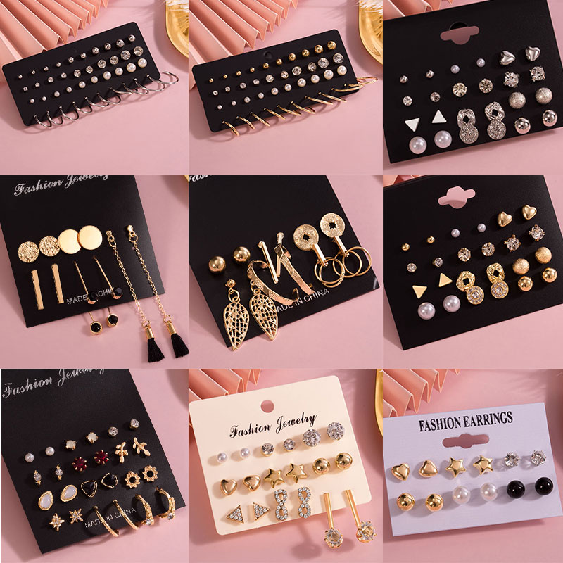 Women's Earrings Set Pearl Stud Earrings For Women Bohemian Geometric Small Crystal Heart Earrings Punk Jewelry