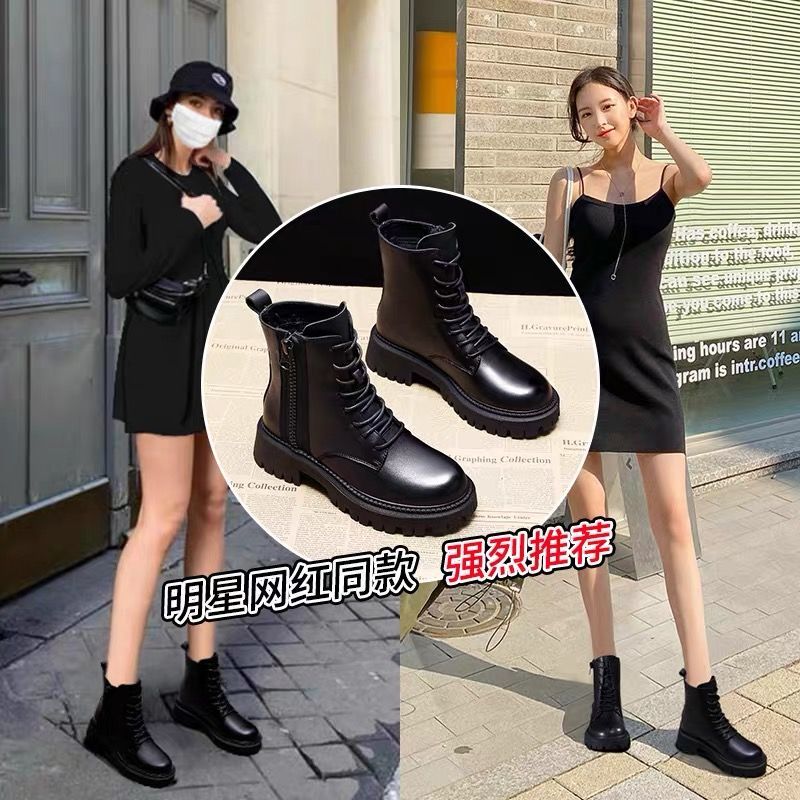 Bottes martin à semelles épaisses pour femme, chaussures courtes de Style britannique, en coton et velours, hiver