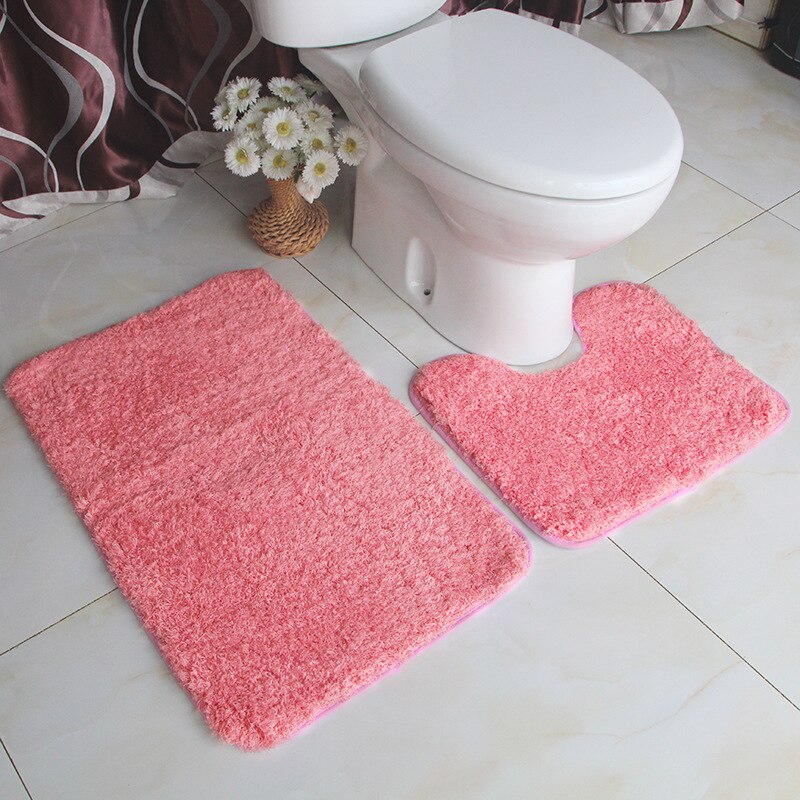 2pcs/Set Lamb Wool Mat Home Bathroom Water Absorption Non-Slip Toilet Floor Mat Plush Rugs Solid Color U-Shaped+Rectangle Carpet: Color 1