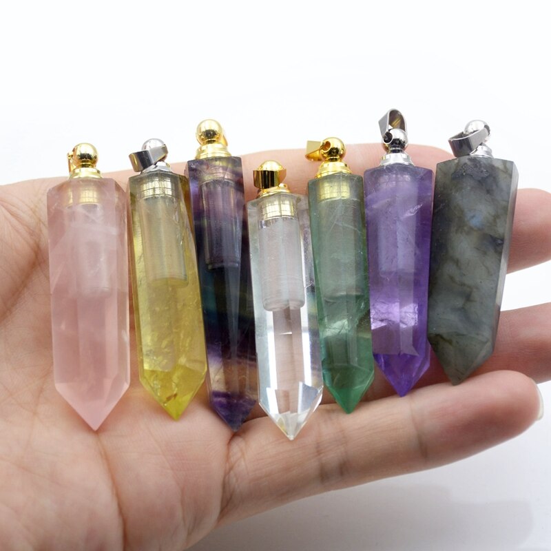 Gemas naturais pedra perfume garrafa pingente difusor de óleo essencial apontado fluorite ametistas cristal jóias hexágono prisma frascos