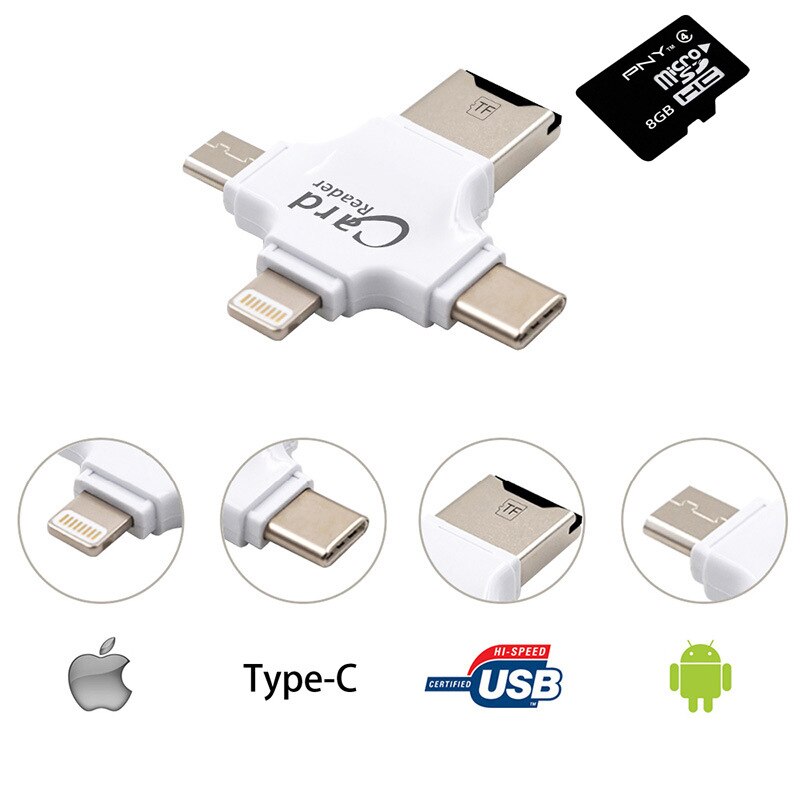 4 en 1 lector de tarjeta tipo C Adaptador micro USB Lector de Tarjetas Micro SD tarjeta para iPhone/iPad inteligente OTG