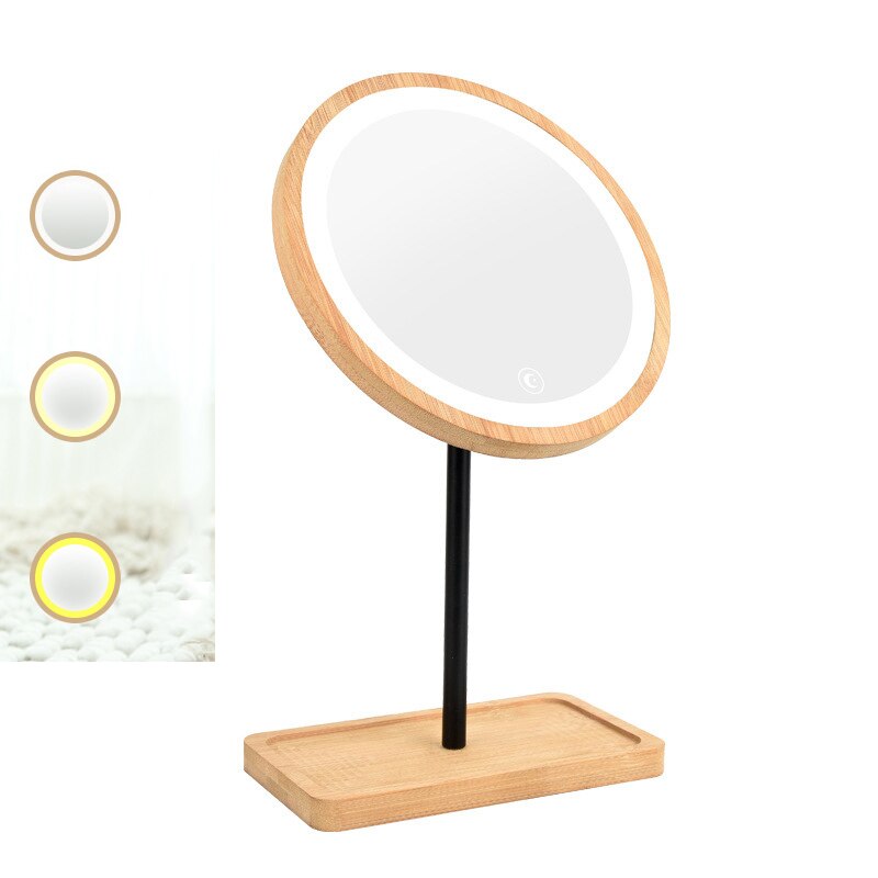 Wooden Desktop LED Makeup Mirror USB Charging Adjustable Bright Diffused 360 Rotation Light Up Mirror