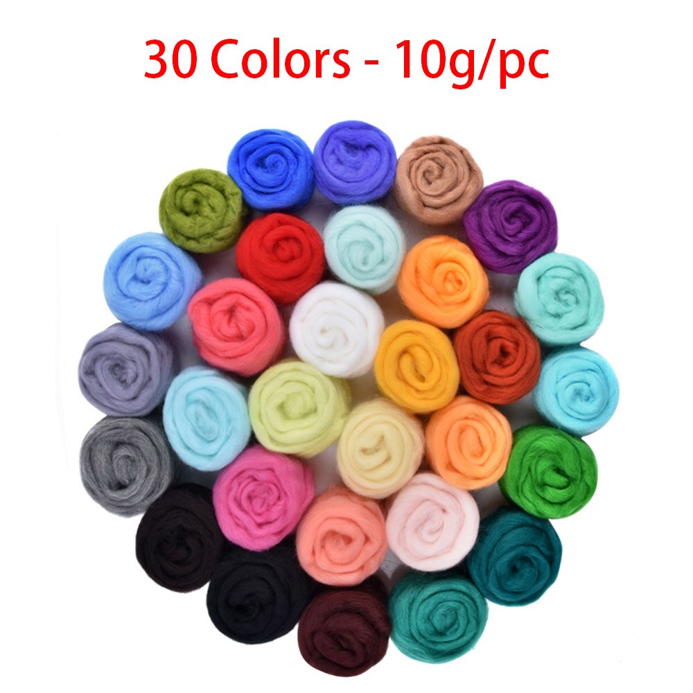 24/30/36/50 farver merino filtning uld toppe blød roving uld fiber til nålefiltning & våd filtning gør-det-selv dukke håndarbejde håndlavet: 30 farver  - 10g