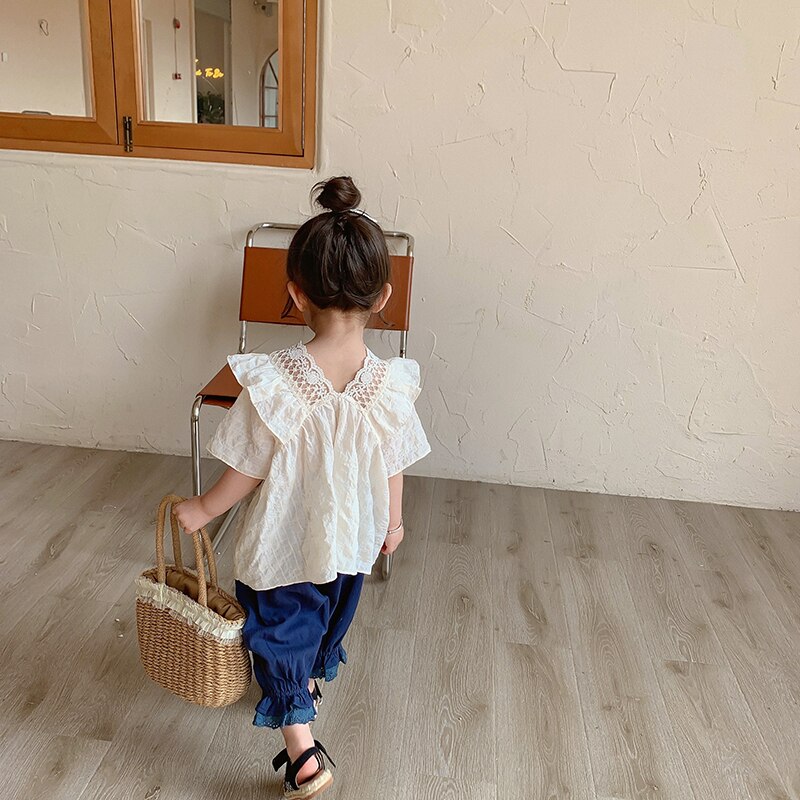 1777B Girl Clothes Sweet Shirt 2022 Summer Lace Patchwork V Neck Girl's Shirt Flying Sleeve Cute Lovely Girl Blouse Tops